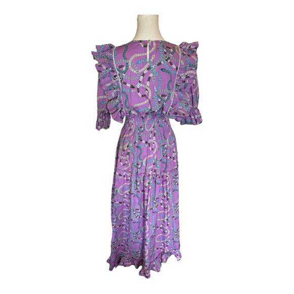 Sheridan French Sabine Asymmetrical Ruffle Maxi Dress L Purple Serpentine Boho - Picture 3 of 6